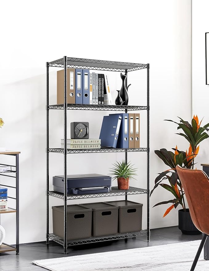 YSSOA Heavy Duty 5-Shelf Storage Shelving Unit, 1250lbs Loading Capacity, 29.92" D x 13.98" W x 62.99" H Adjustable Steel Organizer Wire Rack, Black