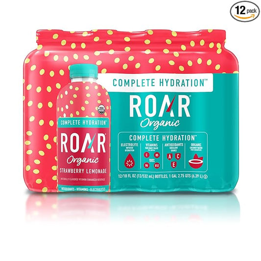 Roar Organic Hydration Organic - Electrolyte Drinks Loaded with Vitamins C, B5, B12 - Non-GMO, Gluten-Free - Strawberry Lemonade - 12 pc
