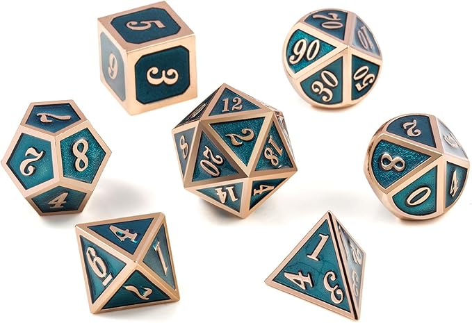 Teal D&D Metal Dice Set,DNDND 7 PCS Metallic Dungeons and Dragons Dice with Free Metal Case for D&D Game Role Playing (Teal and Copper)