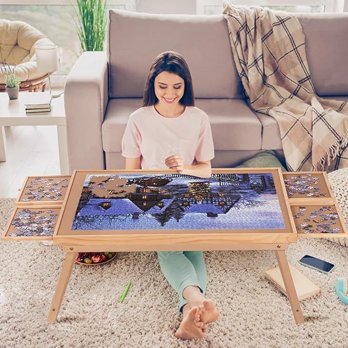 Yacona Puzzle Board 1500 Pieces,34.3”x 26.5” Jigsaw Puzzle Table with 4 Drawers and Cover,Portable Board GameTable with Folding Legs for Adults and Teens