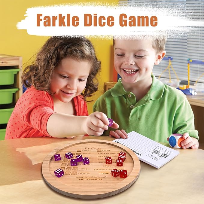 9.8-Inch Wooden Farkle Dice Tray with Printed Rules - Classic Farkle Board Game Set with 12 Pearl Dice, Score Pad & Velvet Pouch for Family Game Nights