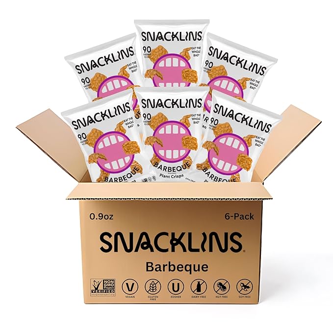 SNACKLINS Plant Based Crisps Barbeque Flavor cracklins - Gluten Free, Grain Free, 100% Kosher, Vegan Healthy Snacks, Crunchy Puffed Snack, Only 90 Calories Per Bag - .9oz Bag (Case of 6)