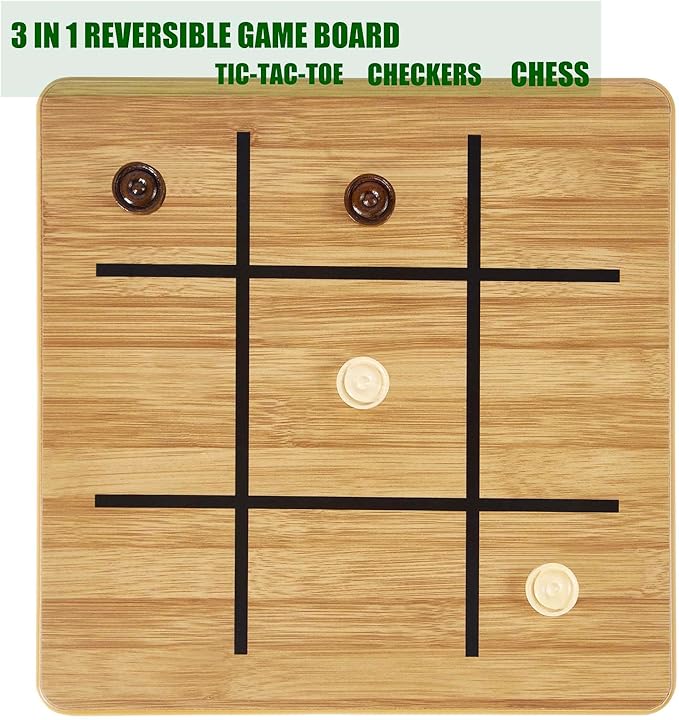 VAMSLOVE Wooden Chess Checkers Tic-Tac-Toe Game Set 11.5" x 11.5" Double-Sided 3 in 1 Board with 34 Chess Pieces - 2 Extra Queens - 24 Interlocking Checkers - Storage Bag - Instructions