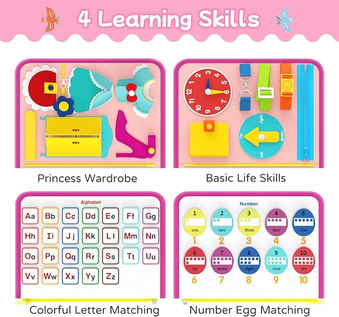 Freebear Busy Board Toddler Travel Toys Sensory Toys for Toddlers 1 2 3 4, Montessori Learning Toys for Toddlers Activities Board, Educational Toys for 3 4 Year Old Boys Girls Gift, Princess