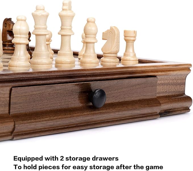AMEROUS Magnetic Wooden Chess Set, 12.8" x 12.8" Walnut Chess Board Game with 2 Built-in Storage Drawers - 2 Bonus Extra Queens - Chess for Beginner, Kids and Adults, Gift Packaging