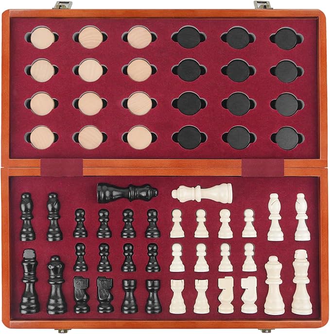 Magnetic Wooden Chess Set & Checkers Board Game - 15" Folding Chess Board, Portable Chess Set for Adults, Classic Wooden Chess Sets for Beginners