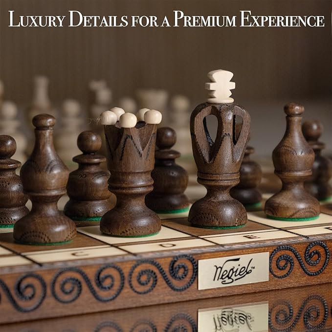 Wegiel Grand Royal Wooden Chess Set for Adults and Kids - 18 Inch Luxury Chess Set, Handcrafted from Premium Beech and Birch Wood - Unique Folding Design with Storage