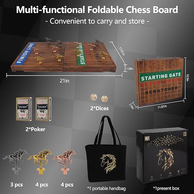 Wooden Finish Line Horse Racing Board Game Equipped with 11 Luxury Metal Craft Horses Adult Chessboard Including 2 Dice and 2 Boxes of Cards Folding Box Game Board(Flame)