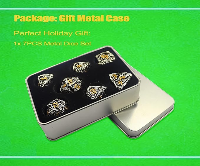 Metal DND Dice Set Skull Dungeons and Dragon Dice Set Hollow Polyhedral Magic 7 PCS Dice Set with Gift Metal Box for Dungeons and Dragons Table Games Play Cards MTG(Skull_Ancient Silver and Gold)