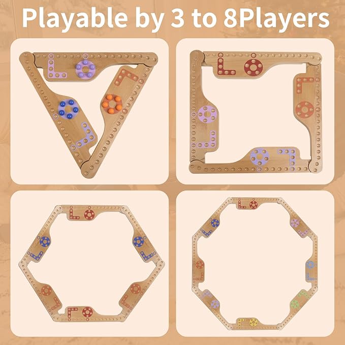 Jokers and Marbles Board Game，Pegs and Jokers Game for 2-8 Player，Wood Board Game with 8 Game Boards 4 Decks of Cards 48 Marbles，Holidays and Casual Social Gatherings