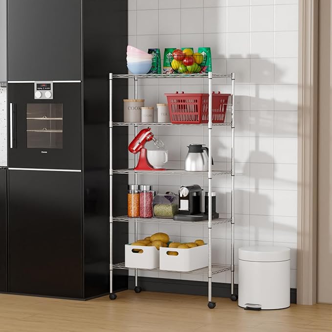 FDW Adjustable Storage Shelves 5-Tier Wire Shelving Unit Heavy Duty Metal Shelves with Wheels 14”Dx30”Wx61”H Storage Shelf Rack for Home Kitchen Commercial, Chrome