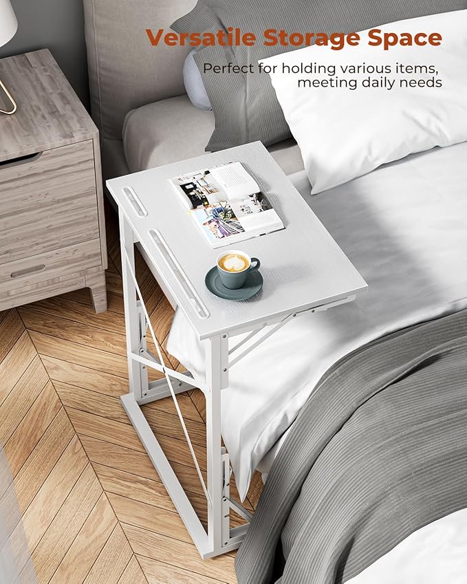 21''Wx28''H Folding TV Tray for Eating, Small Foldable C-Shaped Tray Table with Tablet and Phone Slots, Slide Under Couch Side Table for Recliner, Living Room, Bedroom, White