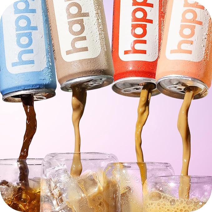 happy coffee canned caramel latte, 11 oz. cans, 12 pack, notes of marshmallow & comfort, 100% arabica beans, no artificial flavors or sweeteners