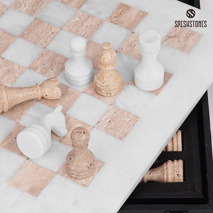 Marble Chess Set 15 Inch White & Travertine Checkers Board Game with Pieces, 2 Extra Queens and Storage Box, Strategy Set for Adults & Family, Travel, Tabletop Play