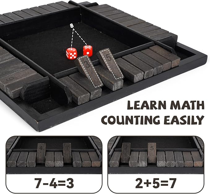 Agirlgle 12 Inches Shut The Box Dice Game, 1-4 Players Wooden Family Board Math Game with 12 Dice ，Strategy Dice Game for Adults Classic Tabletop Educational Game for Family, Classroom, Home or Pub