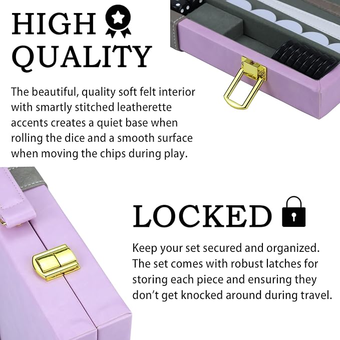 Backgammon Sets for Adults, 15 inch Backgammon Brown Sets Classic Board Game with Premium Leather Case, Portable Travels Strategy Backgammon Game Set for Adults, Kids (Purple)