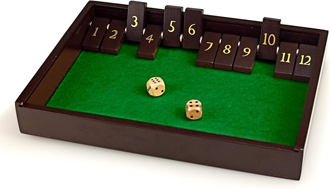 STERLING Games Wooden Shut The Box Game 12 Numbers with Home Decor Design Lid Cover and Felted Rolling Surface, Brown