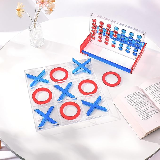 Set of 2 Acrylic Tic Tac Toe and 4 in a Row Game Classic Board Outdoor Games for Adults and Family Table Games Strategy Board Games for Living Room Table Guest Room Decor(Red and Blue)