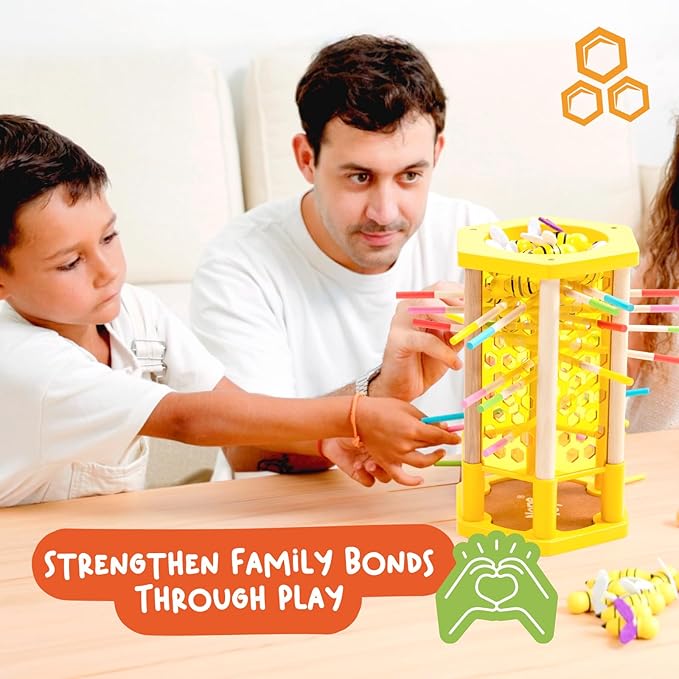 Nene Toys BeeFall, 4-in-1 Wooden Honey Bee Toy for Kids Ages 3-9 - Educational Game with Wooden Honeybee Hive, 12 Bees, Colorful Sticks, Dice & Cards - Fun Family Game for Cognitive Development