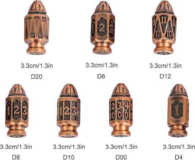UDIXI Metal DND Bullet Dice Set with Metal Container, 7-Die Polyhedral Dice Set Cyberpunk Style for D&D, Role Playing Game or Other Tabletop Games（Ancient Copper）