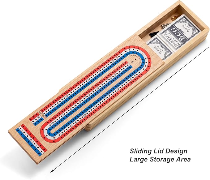 Cribbage Board Game Set with Large Storage Area, Solid Wood 3 Track Cribbage Board, 9 Metal Pegs, 2 Playing Cards and Instruction. Portable Travel Board Game for All Ages.