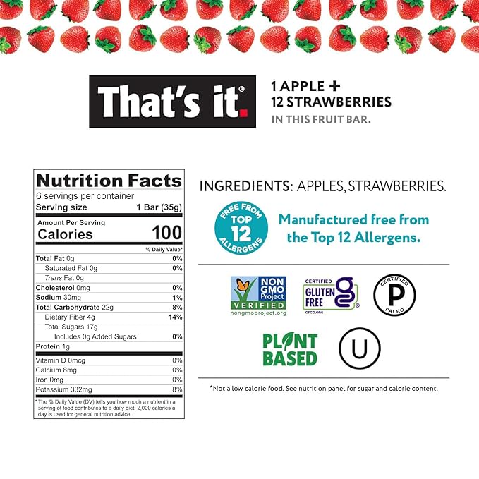 That's it. Fruit Bars 12 Variety Pack 100% Natural Real Fruit Bar, High Fiber Vegan, Gluten Free, Paleo, Non-GMO, No Sugar (6 Strawberry, 6 Blueberry)