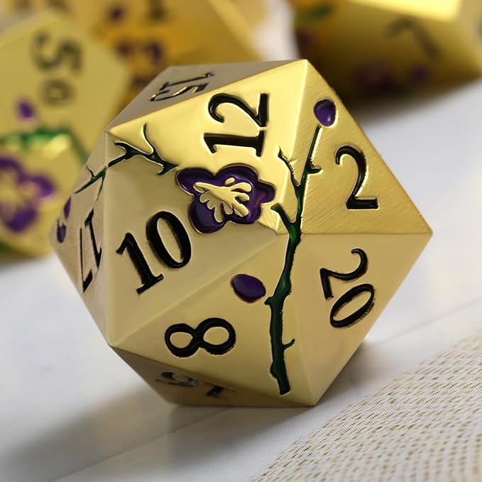 DNDND Metal Dice Set, 7 PCS Metallic Flowers DND Dice with Gorgeous Gift Case for D&D Dungeons and Dragon Tabletop Game (Purple Flowers with Gold)