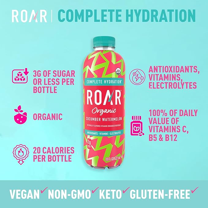 Roar Organic Electrolyte Infusions - USDA Organic - Cucumber Watermelon - with Antioxidants, B Vitamins, Low-Calorie, Low-Sugar, Low-Carb, Coconut Water Infused Beverage 18 Fl Oz (Pack of 12)