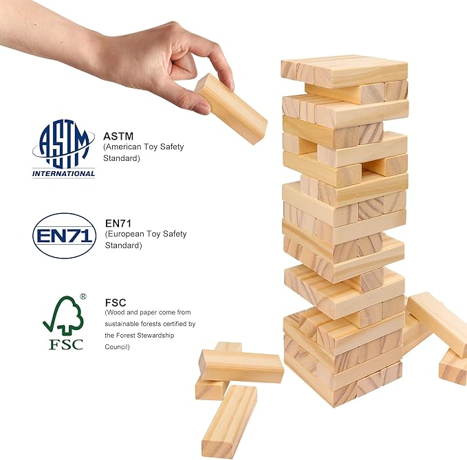 Wooden Stacking Blocks Game - 54 pcs Tumbling Tower Set for Kids & Adults, Family Board Games Indoor/Outdoor, Educational STEM Toy with Natural Wood Blocks, Portable Stacking Toys Party Games