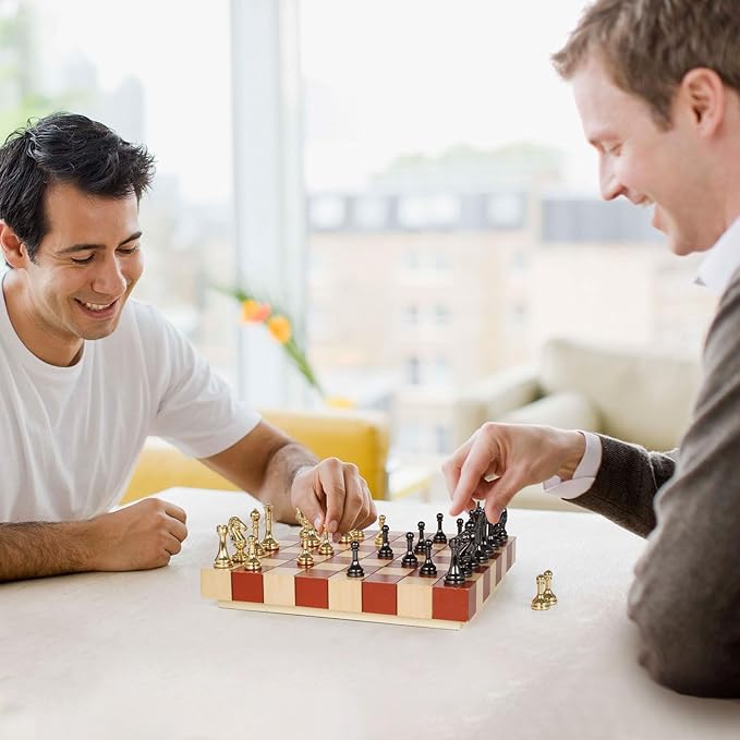 Metal Chess Set – Wooden Chess Board Set Travel Chess Sets,Metal Handcrafted Chessmen, Bonus 2 Extra Queens, Portable Classic Chess Game for Adults Family Board Game