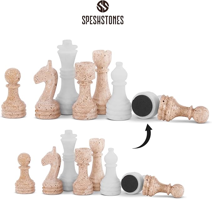 Marble Chess Set 15 Inch White & Travertine Checkers Board Game with Pieces, 2 Extra Queens and Storage Box, Strategy Set for Adults & Family, Travel, Tabletop Play