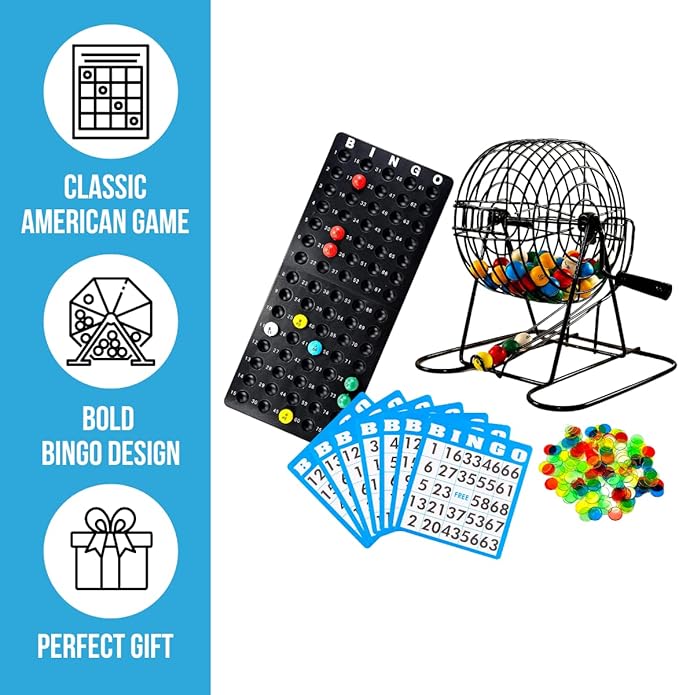 Regal Bingo Deluxe Bingo Game Set for Adults and Kids - Includes 6 Inch Bingo Wheel Cage, 75 Balls, Master Board, 18 Cards, and Colorful Chips - Fun Family Bingo Night