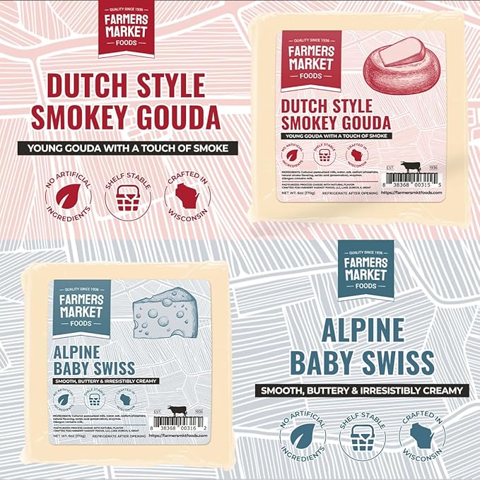 Farmers' Market Cheese Block Assortment 6oz & 7oz 6-Pack, Shelf Stable, Pasteurized, Locally Sourced Wisconsin Cheese (Assortment, 6 Count)