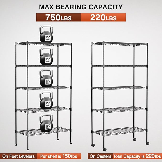 FDW Adjustable Storage Shelves 5-Tier Wire Shelving Unit Heavy Duty Metal Shelves with Wheels 14”Dx30”Wx61”H Storage Shelf Rack for Home Kitchen Commercial, Black