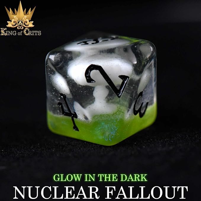 Nuclear Fallout 11 Dice Set | Glow in The Dark Radiation Wasteland Themed Polyhedral Dice Set | 3D Printed Mushroom Clouds and Geiger Counters DND MTG Tabletop Board Game Dice