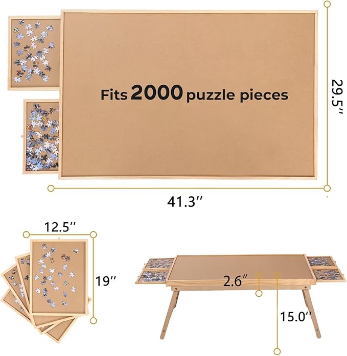 Puzzle Board 2000 Pieces, 41.3"x 29.5" Jigsaw Puzzle Table with 4 Drawers and Cover,Portable Board GameTable with Folding Legs for Adults and Teens