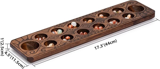 Yellow Mountain Imports Mancala Set with 17.3-Inch Solid Wood Board and Quartz Pebble Playing Pieces