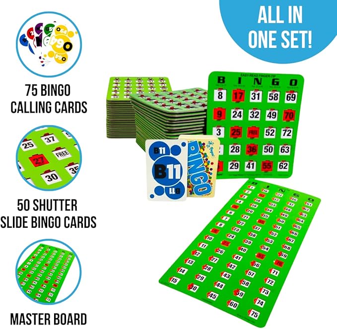 Regal Bingo 50 Bingo Cards with Sliding Windows, Bingo Calling Cards Deck & Master Board Bulk Kit - Reusable Large Print Bingo Game Set for Adults & Seniors Large Group - (Jumbo, Green)