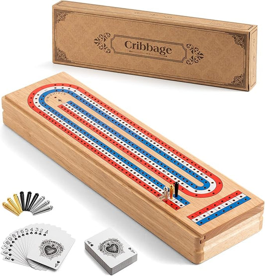 Cribbage Board Game Set with Large Storage Area, Solid Wood 3 Track Cribbage Board, 9 Metal Pegs, 2 Playing Cards and Instruction. Portable Travel Board Game for All Ages.