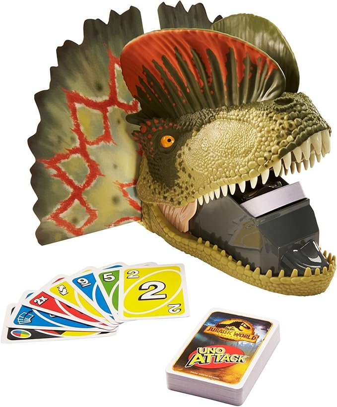 Mattel Games UNO Attack Jurassic World Dominion Card Game with Dinosaur Card Launcher for 2 to 10 Players Ages 7 Years & Older, Toy Gift and Collectible (Amazon Exclusive)