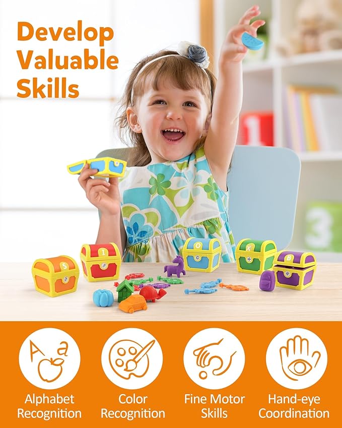 Coogam Alphabet Learning Toys for Toddlers, 26pcs Surprise Letters Treasure Locks with Keys, Uppercase Lowercase ABC Matching Color Sorting Game, Montessori Fine Motor Skill Gift for 3 4 5 Year Old