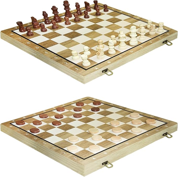 (Upgraded Magnet) 15" Magnetic Chess & Checkers Set, 2 in 1 Board Game, Wooden Handcrafted Folding Chess Board Portable Chess Set with Storage Slots & 2 Extra Queens,Great Gift for Adults & Kids