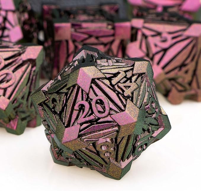 7PCS Metal DND Dice Set with Box, Debris RPG Purple Red D and D Dice for use with D&D Tabletop Games Role Playing Game Polyhedral Dice Set D20 D12 D10 D8 D6 D4