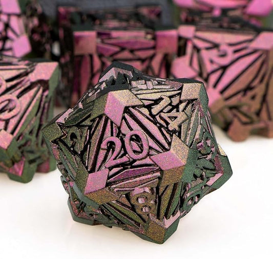 7PCS Metal DND Dice Set with Box, Debris RPG Purple Red D and D Dice for use with D&D Tabletop Games Role Playing Game Polyhedral Dice Set D20 D12 D10 D8 D6 D4