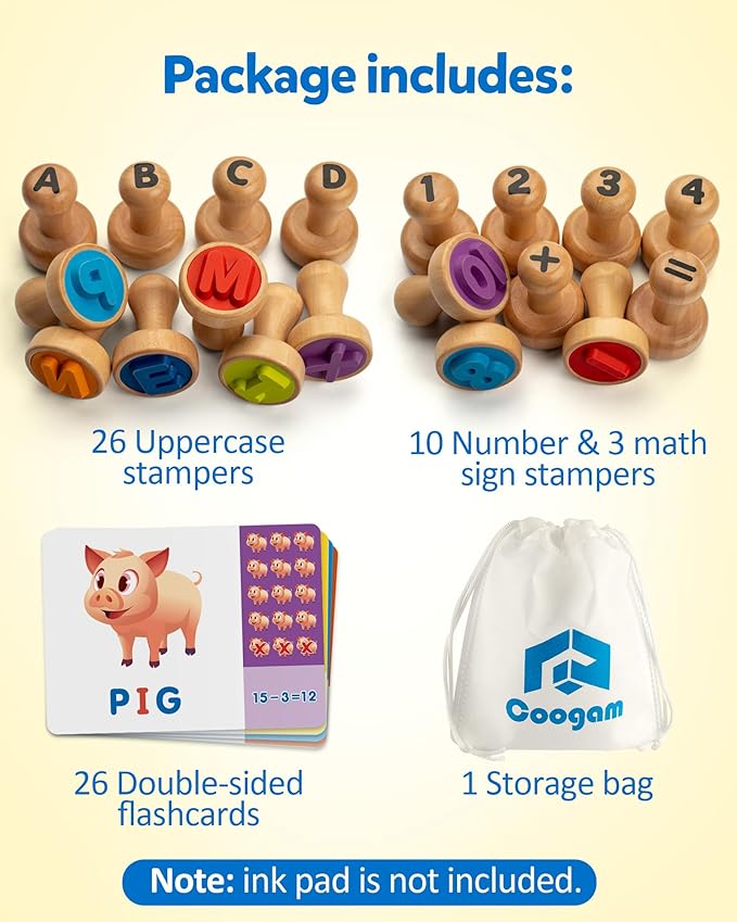 Coogam Wooden Alphabet Number Stamp Flashcard, ABC Spelling Letter Stampers and Mathematics Learning Number Stampers Arts and Crafts Supplies, Montessori Educational Toy Gifts for 3 4 5 Year Old