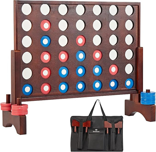 Giant Wooden 4 in A Row Game - Fun Indoor and Outdoor Board Games for Teens, Includes 42 Pcs Dics and Carrying Bag