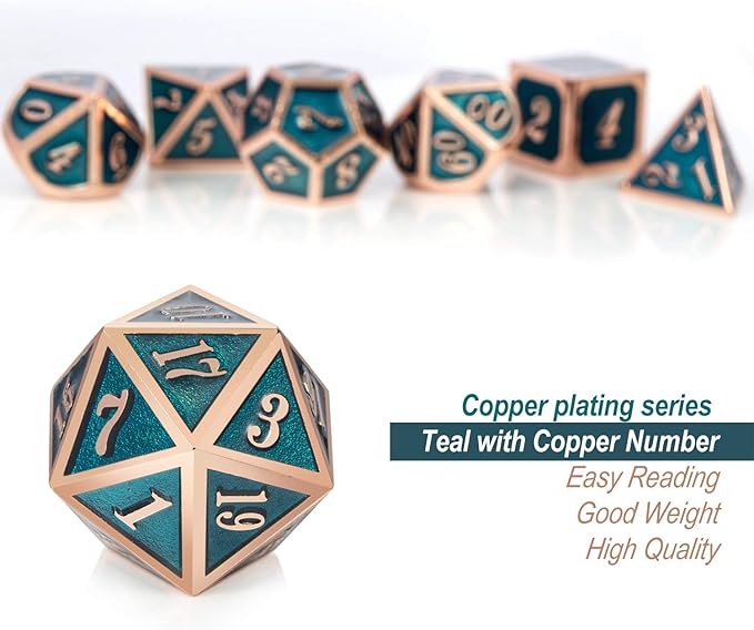 Teal D&D Metal Dice Set,DNDND 7 PCS Metallic Dungeons and Dragons Dice with Free Metal Case for D&D Game Role Playing (Teal and Copper)
