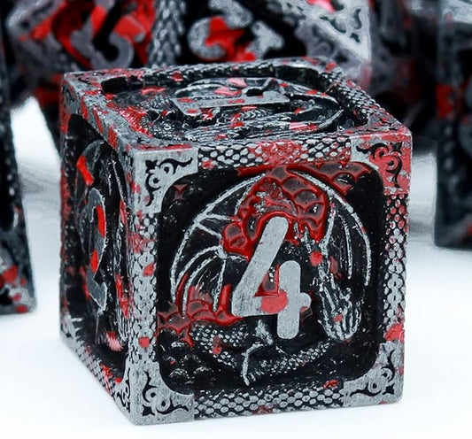 Haxtec Bloodstained Metal DND Dice Set - Antique Iron Blood Metal D&D Dice Set with Dragon Scale and Leather Dice Bag - Polyhedral Dice for Dungeons and Dragons TTRPG Gifts