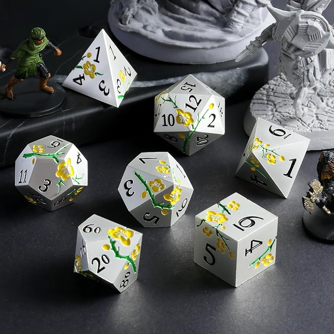 Silver Metal DND Dice, DNDND 7 PCS Heavy Flower Metallic D&D Dice Set with Gorgeous Gift Case for Dungeons and Dragon Tabletop Game (Matte Silver with Yellow Flower)