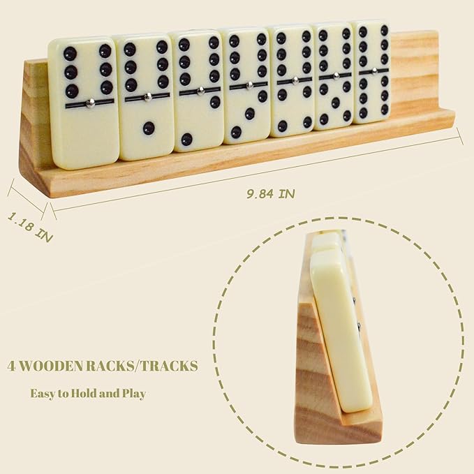 Dominos Set for Adults, Dominoes Set Double 6, Dominos for Kids, 28 Tiles, with 4 Wooden Racks/Tracks, Dominoes Set for Adults and Kids, with Travel Case - Classic Board Games for Family